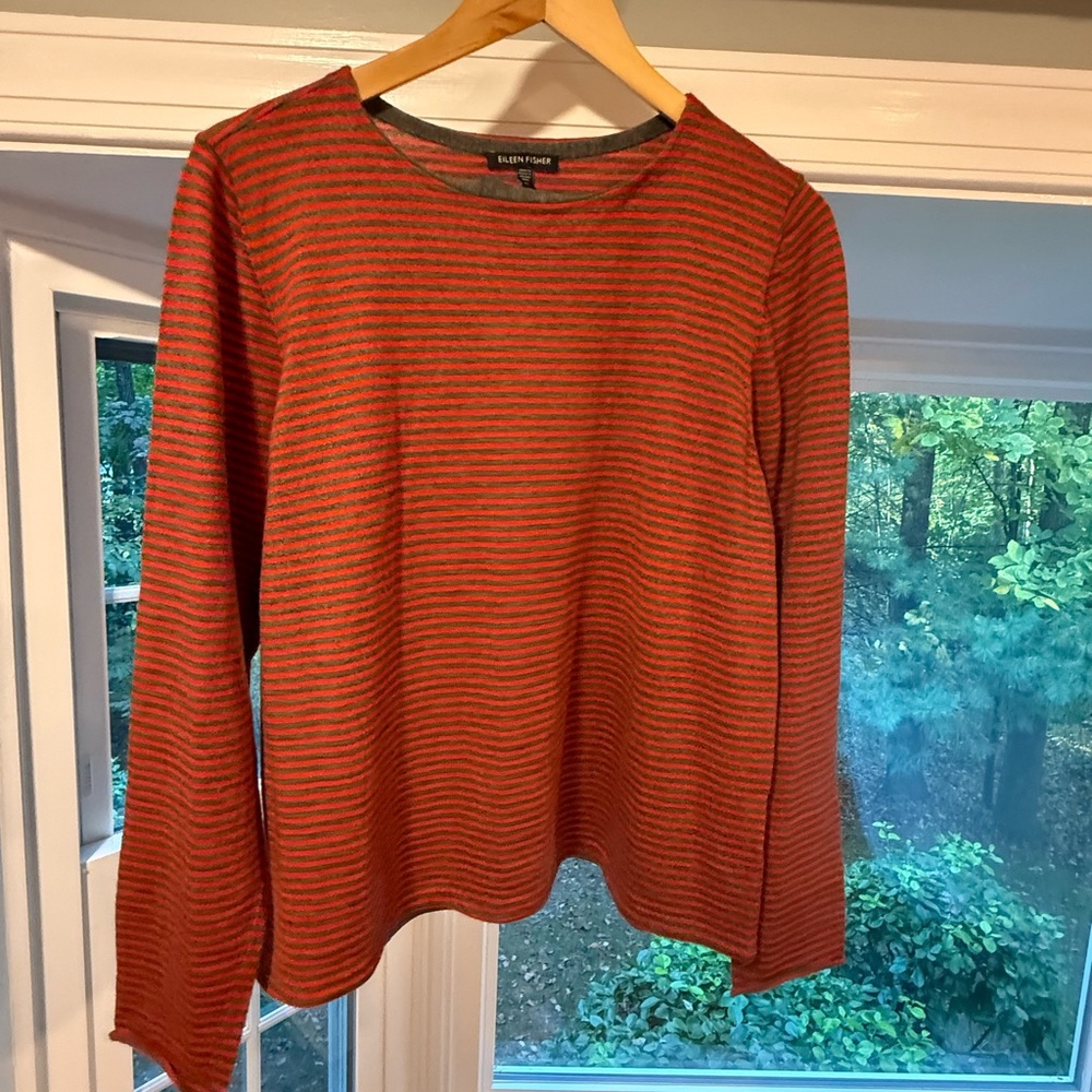Eileen Fisher Red and Gray Striped Top